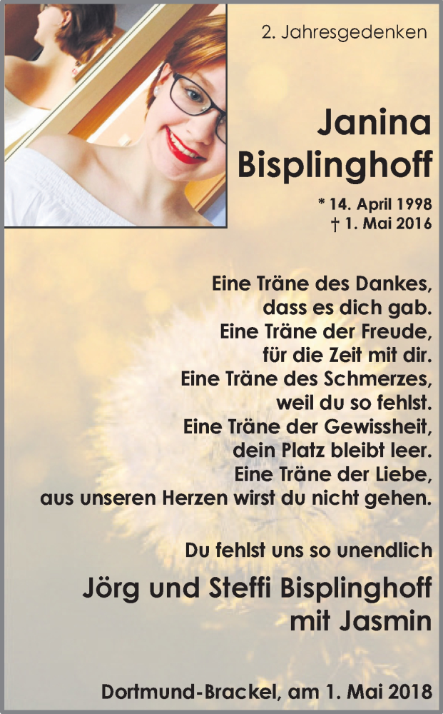  Traueranzeige für Janina Bisplinghoff vom 01.05.2018 aus Ruhr Nachrichten