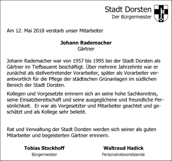 Traueranzeige von Johann Rademacher von Ruhr Nachrichten und Dorstener Zeitung