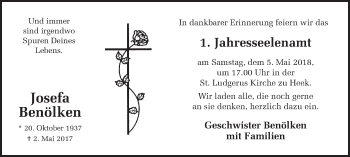 Traueranzeige von Josefa Benölken von Münstersche Zeitung und Münsterland Zeitung