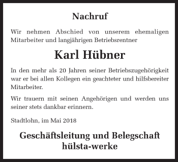 Traueranzeige von Karl Hübner von Münstersche Zeitung und Münsterland Zeitung