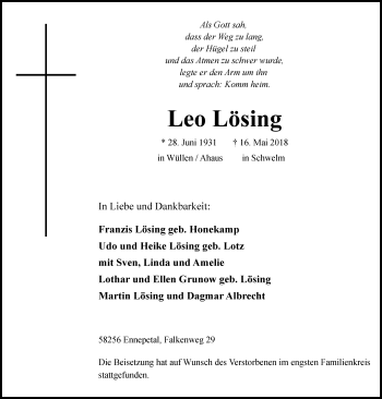 Traueranzeige von Leo Lösing von Münstersche Zeitung und Münsterland Zeitung