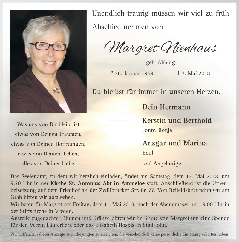  Traueranzeige für Margret Nienhaus vom 10.05.2018 aus Münstersche Zeitung und Münsterland Zeitung