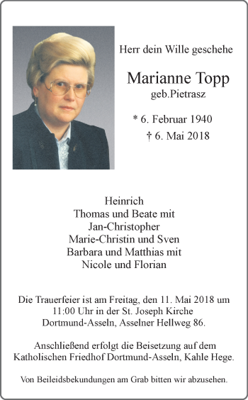 Traueranzeige von Marianne Topp von Ruhr Nachrichten