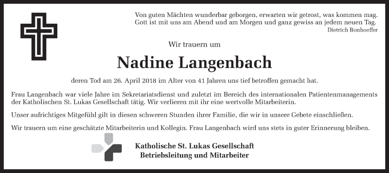  Traueranzeige für Nadine Langenbach vom 01.05.2018 aus Ruhr Nachrichten