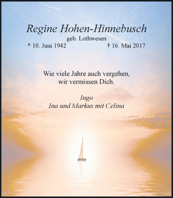 Traueranzeige von Regine Hohen-Hinnebusch von Ruhr Nachrichten und Halterner Zeitung