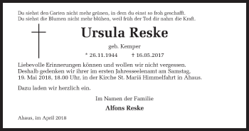 Traueranzeige von Ursula Reske von Münstersche Zeitung und Münsterland Zeitung