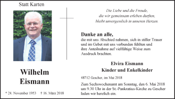 Traueranzeige von Wilhelm Eismann von Münstersche Zeitung und Münsterland Zeitung