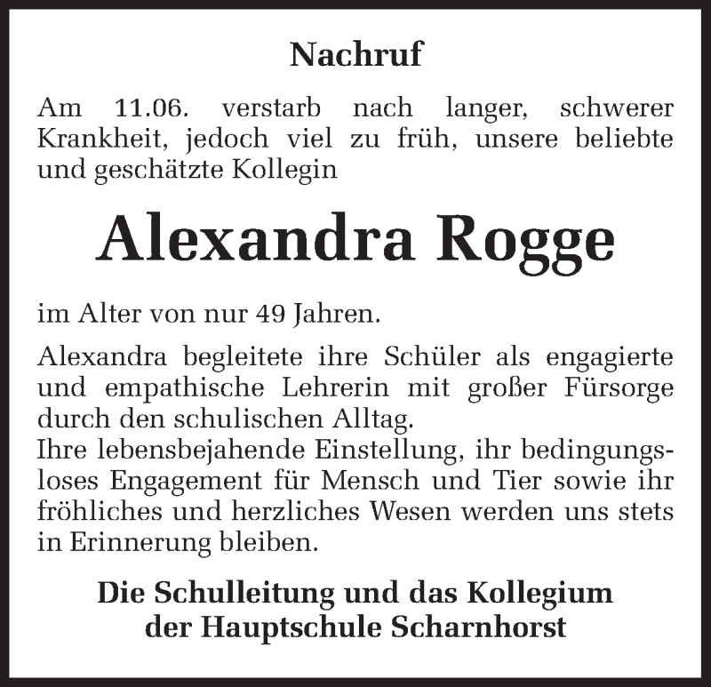  Traueranzeige für Alexandra Rogge vom 20.06.2018 aus Ruhr Nachrichten