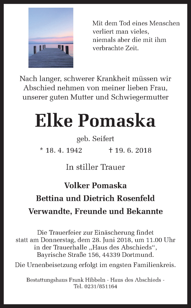  Traueranzeige für Elke Pomaska vom 26.06.2018 aus Ruhr Nachrichten