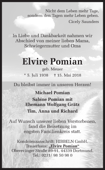 Traueranzeige von Elvire Pomian von Ruhr Nachrichten