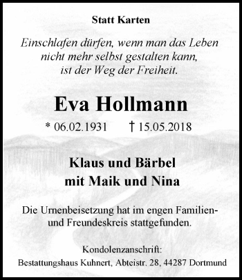 Traueranzeige von Eva Hollmann von Ruhr Nachrichten