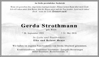 Traueranzeige von Gerda Strothmann von Ruhr Nachrichten