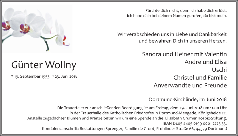  Traueranzeige für Günter Wollny vom 26.06.2018 aus Ruhr Nachrichten