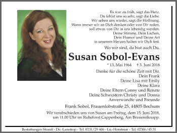 Traueranzeige von Susan Sobol-Evans von Ruhr Nachrichten