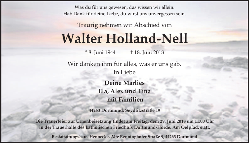  Traueranzeige für Walter Holland-Nell vom 23.06.2018 aus Ruhr Nachrichten