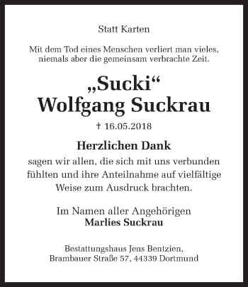 Traueranzeige von Wolfgang Suckrau von Ruhr Nachrichten