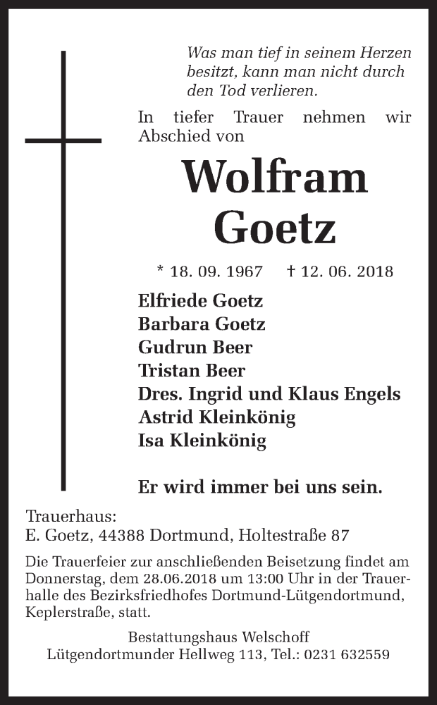  Traueranzeige für Wolfram Goetz vom 23.06.2018 aus Ruhr Nachrichten