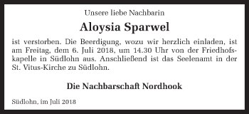 Traueranzeige von Aloysia Sparwel von Münstersche Zeitung und Münsterland Zeitung