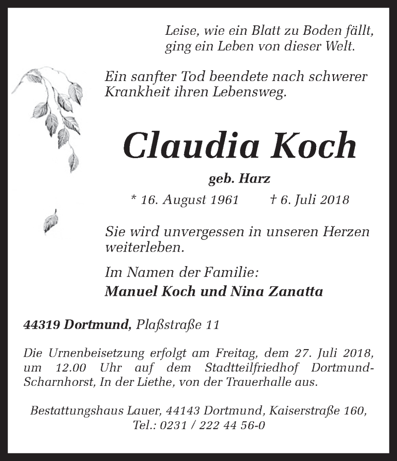  Traueranzeige für Claudia Koch vom 21.07.2018 aus Ruhr Nachrichten