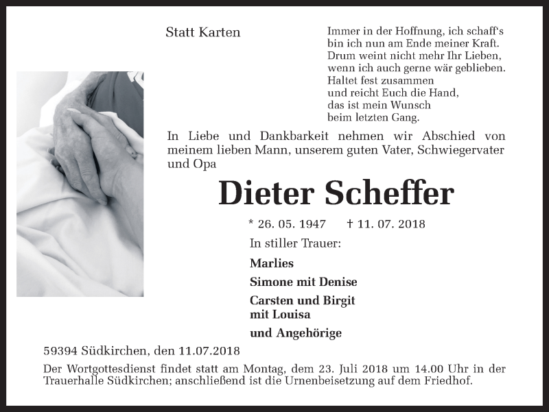  Traueranzeige für Dieter Scheffer vom 19.07.2018 aus Ruhr Nachrichten