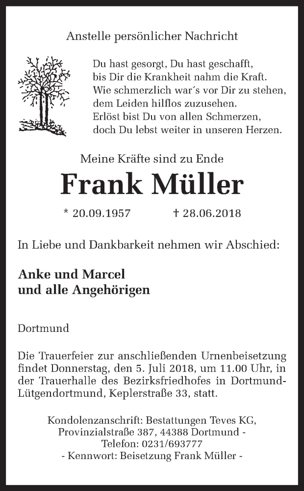  Traueranzeige für Frank Müller vom 03.07.2018 aus Ruhr Nachrichten