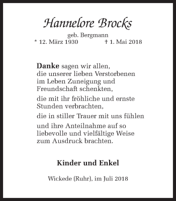Traueranzeige von Hannelore Brocks von Ruhr Nachrichten