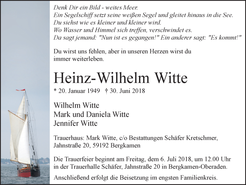  Traueranzeige für Heinz-Wilhelm Witte vom 03.07.2018 aus Ruhr Nachrichten