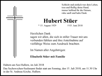 Traueranzeige von Hubert Stüer von Ruhr Nachrichten und Halterner Zeitung