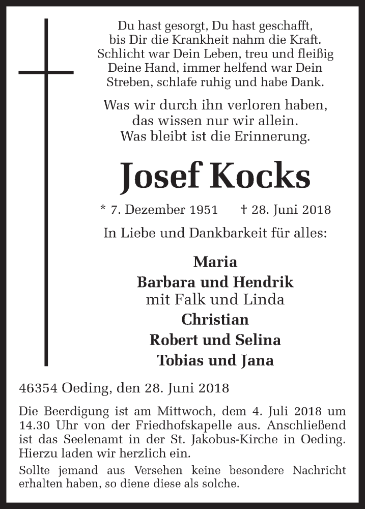  Traueranzeige für Josef Kocks vom 02.07.2018 aus Münstersche Zeitung und Münsterland Zeitung