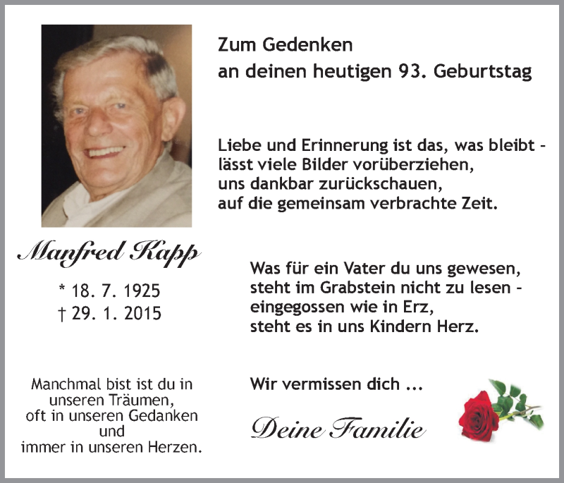  Traueranzeige für Manfred Kapp vom 18.07.2018 aus Ruhr Nachrichten