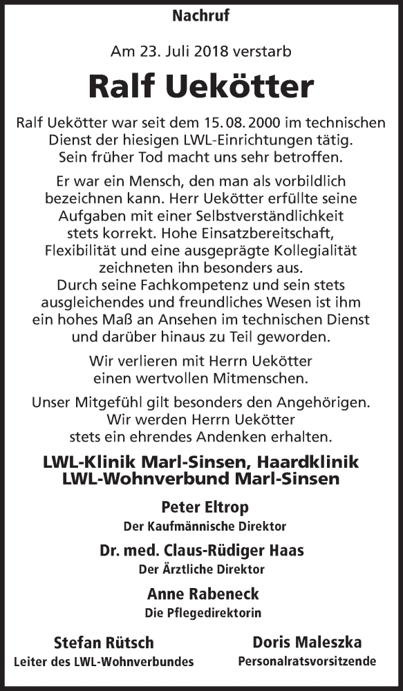 Traueranzeige für Ralf Uekötter vom 31.07.2018 aus Ruhr Nachrichten und Halterner Zeitung