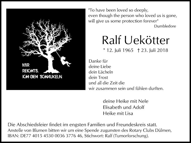  Traueranzeige für Ralf Uekötter vom 28.07.2018 aus Ruhr Nachrichten und Halterner Zeitung