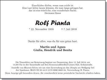 Traueranzeige von Rolf Pianta von Ruhr Nachrichten