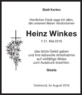 Traueranzeige von Heinz Winkes von Ruhr Nachrichten