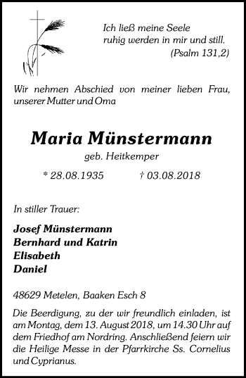Traueranzeige von Maria Münstermann von Münstersche Zeitung und Münsterland Zeitung