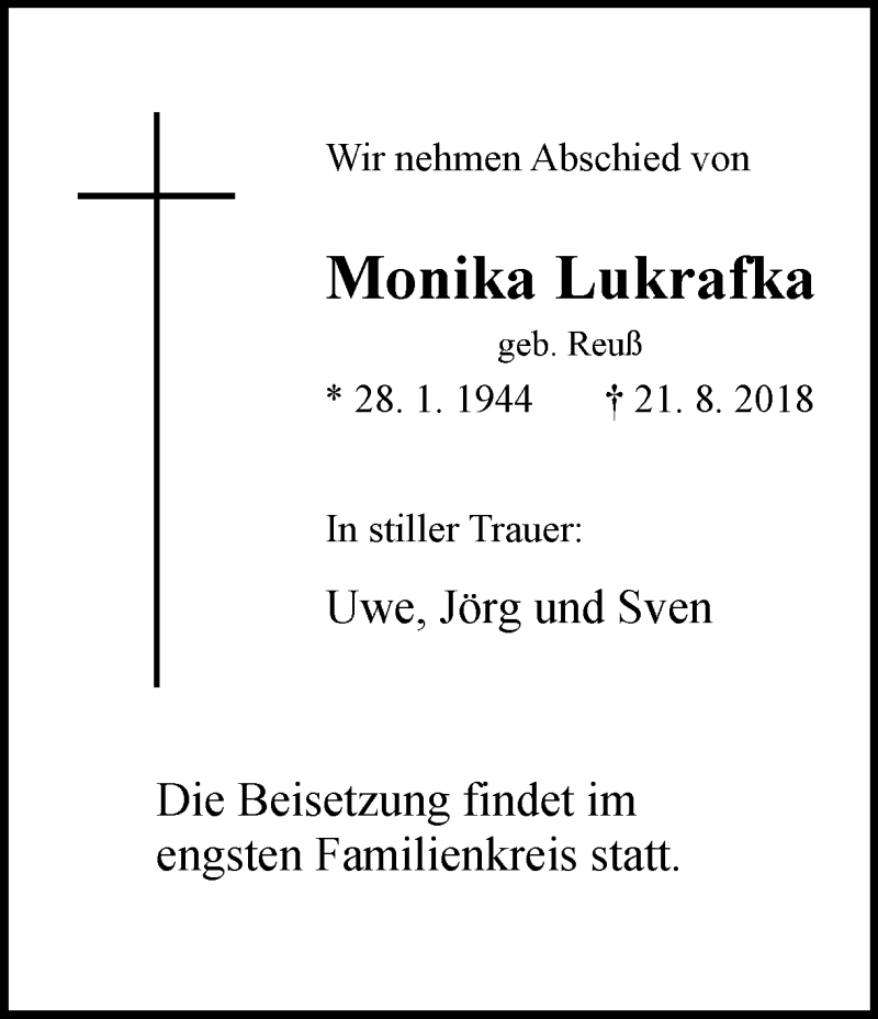  Traueranzeige für Monika Lukrafka vom 25.08.2018 aus Ruhr Nachrichten