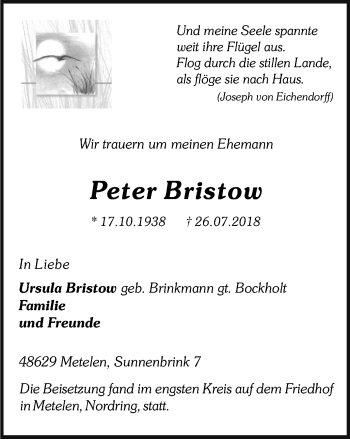 Traueranzeige von Peter Bristow von Münstersche Zeitung und Münsterland Zeitung