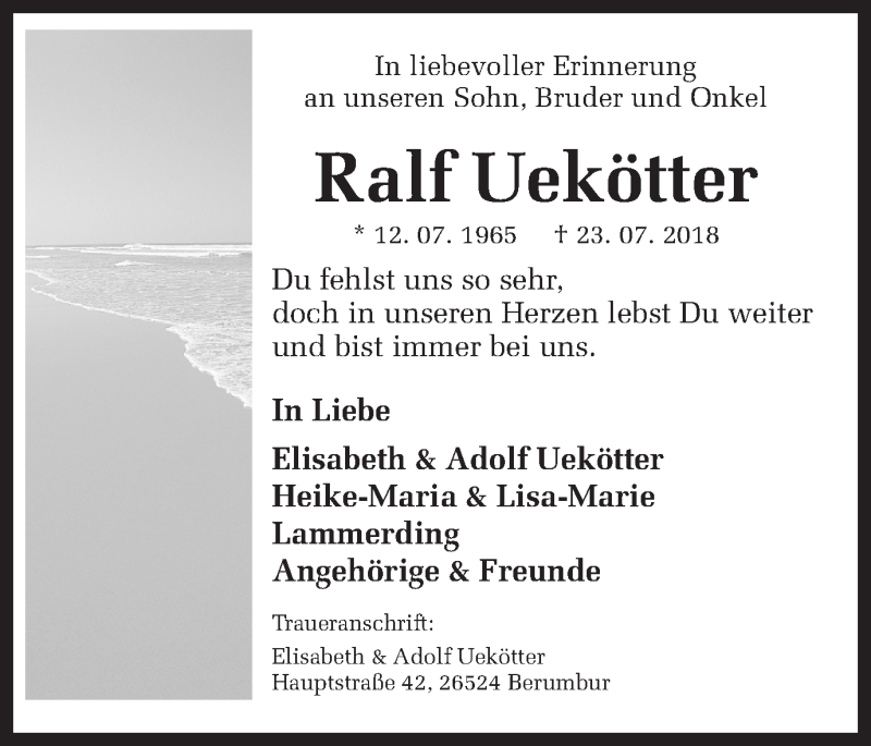  Traueranzeige für Ralf Uekötter vom 01.08.2018 aus Ruhr Nachrichten und Halterner Zeitung