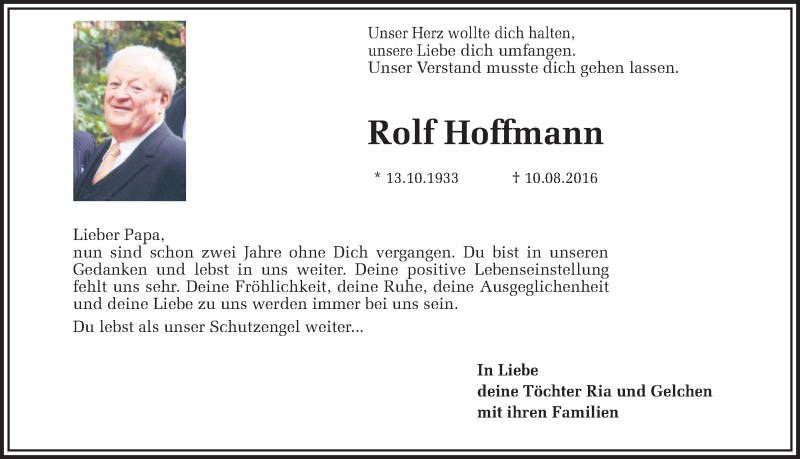  Traueranzeige für Rolf Hoffmann vom 10.08.2018 aus Ruhr Nachrichten