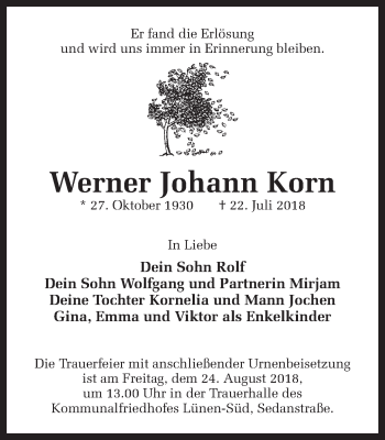 Traueranzeige von Werner Johann Korn von Ruhr Nachrichten