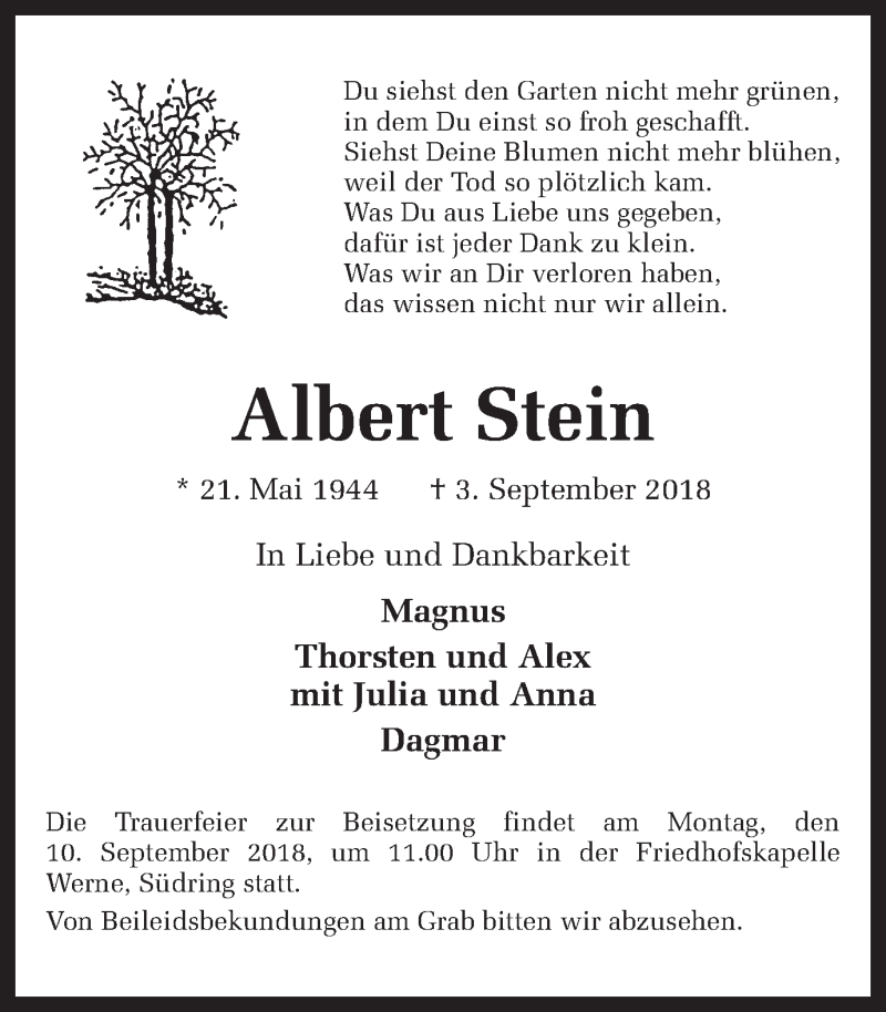  Traueranzeige für Albert Stein vom 06.09.2018 aus Ruhr Nachrichten