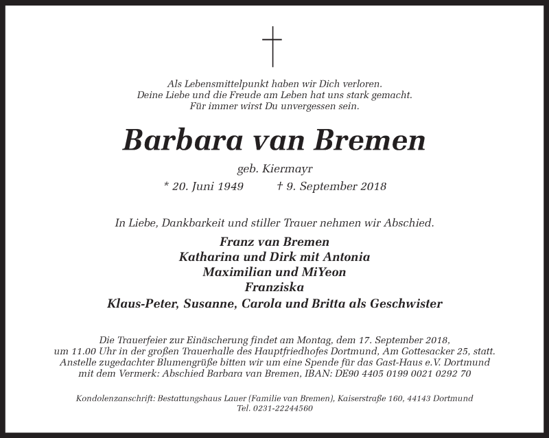  Traueranzeige für Barbara van Bremen vom 12.09.2018 aus Ruhr Nachrichten