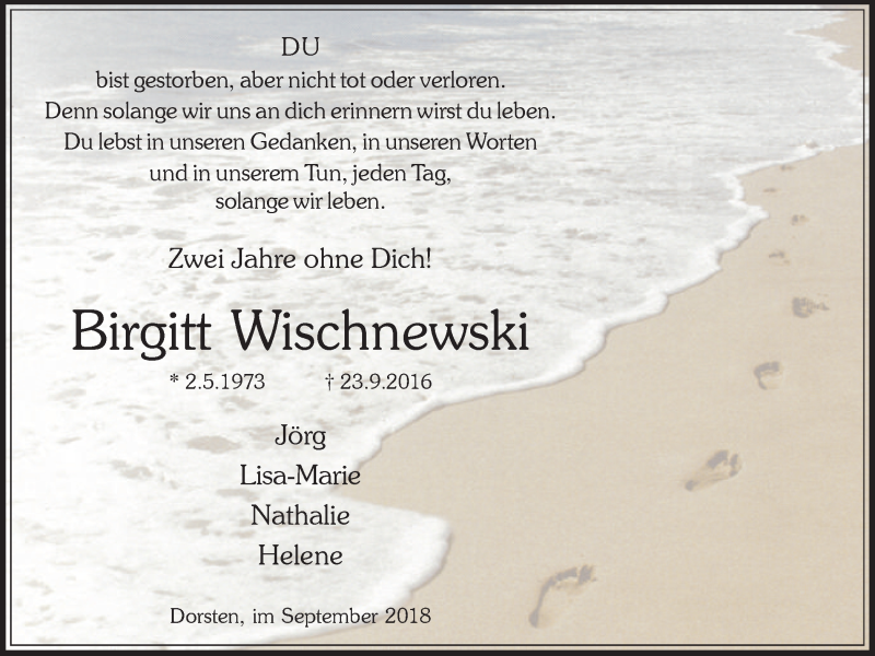  Traueranzeige für Birgitt Wischnewski vom 24.09.2018 aus Ruhr Nachrichten und Dorstener Zeitung