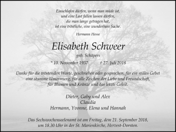 Traueranzeige von Elisabeth Schweer von Ruhr Nachrichten und Dorstener Zeitung