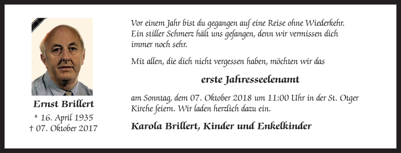  Traueranzeige für Ernst Brillert vom 29.09.2018 aus Münstersche Zeitung und Münsterland Zeitung