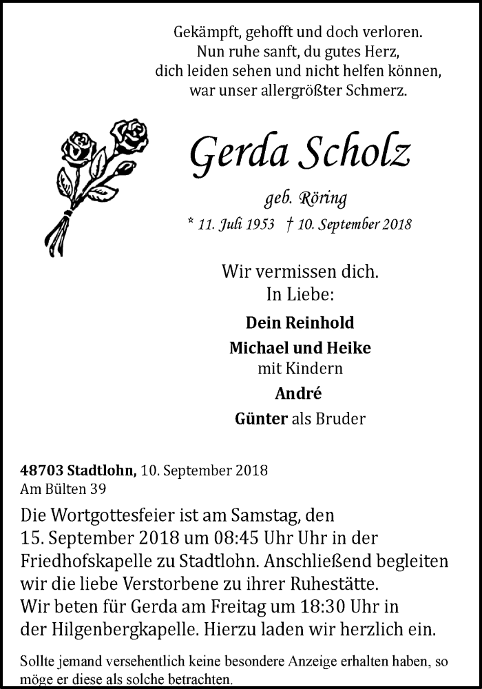  Traueranzeige für Gerda Scholz vom 13.09.2018 aus Münstersche Zeitung und Münsterland Zeitung