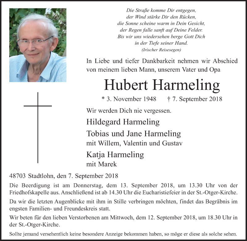  Traueranzeige für Hubert Harmeling vom 11.09.2018 aus Münstersche Zeitung und Münsterland Zeitung