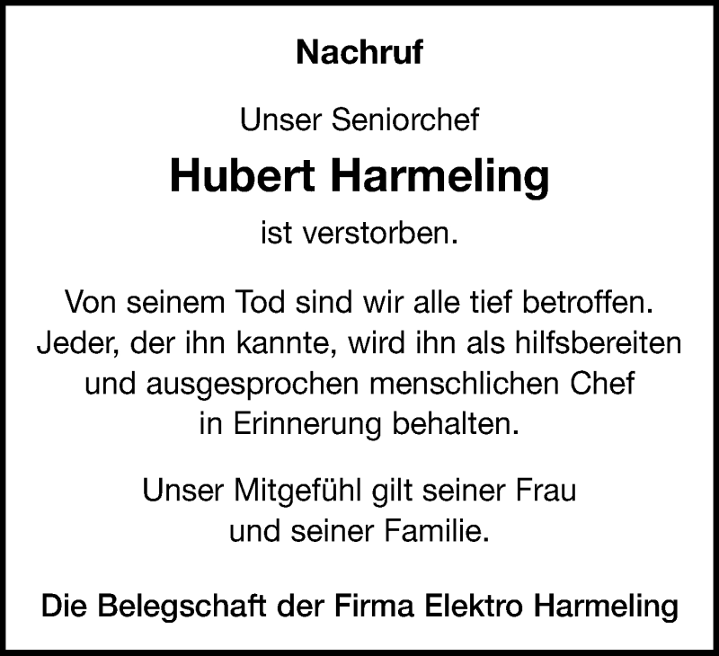  Traueranzeige für Hubert Harmeling vom 12.09.2018 aus Münstersche Zeitung und Münsterland Zeitung