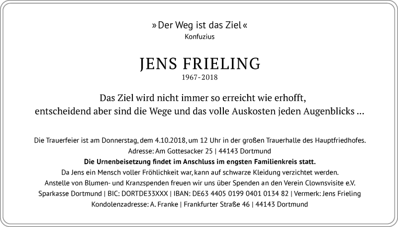  Traueranzeige für Jens Frieling vom 29.09.2018 aus Ruhr Nachrichten