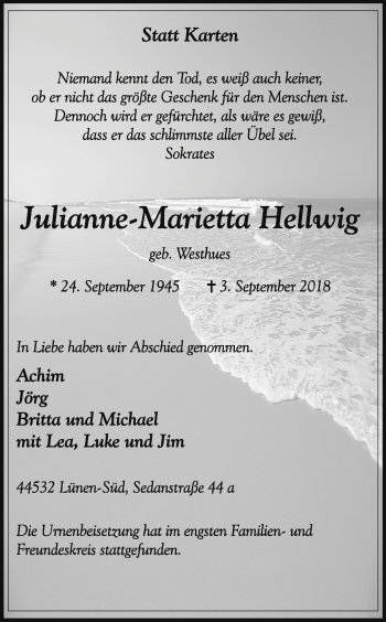 Traueranzeige von Julianne-Marietta Hellwig von Ruhr Nachrichten